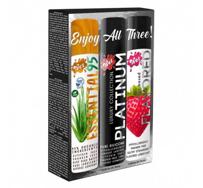 Набор лубрикантов Wet Sampler Lubricant (Platinum, Essential95, Flavored Strawberry) 3 шт. по 30 мл