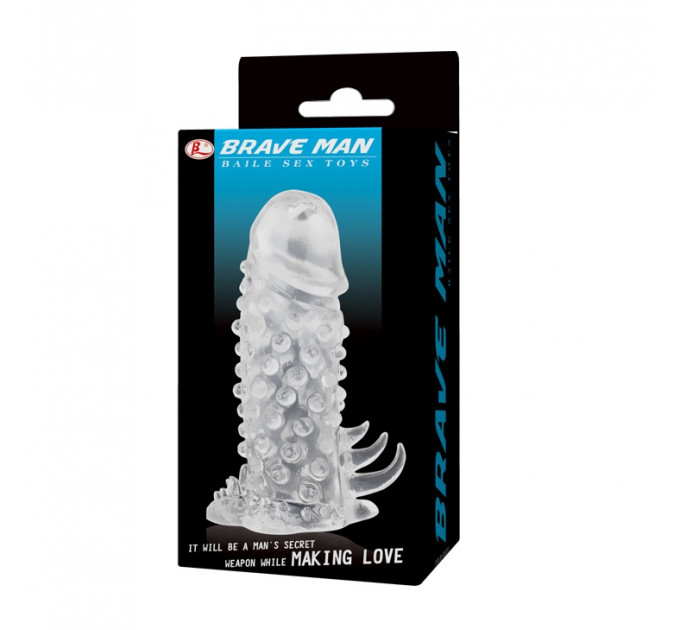 Насадка на член Baile Brave Man гелева, рельєфна, прозора, 12.5 х 4 см