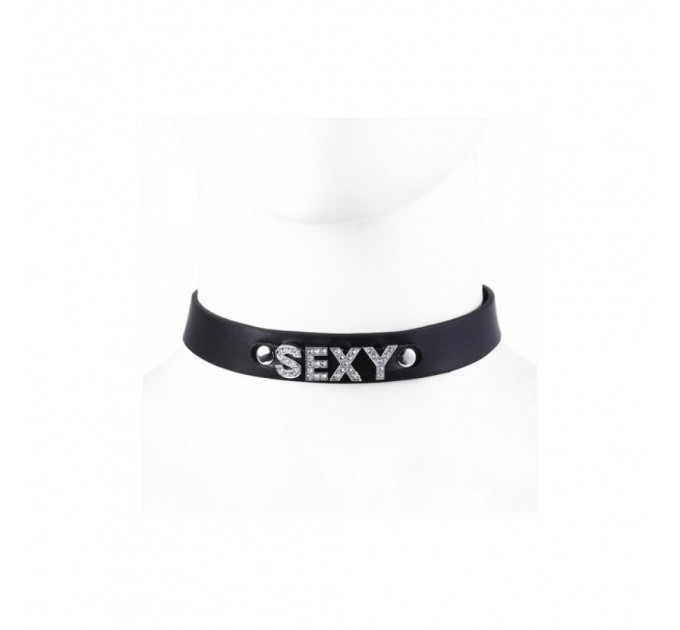 Ошейник с надписью SEXY из страз DS Fetish, кожзам, черный