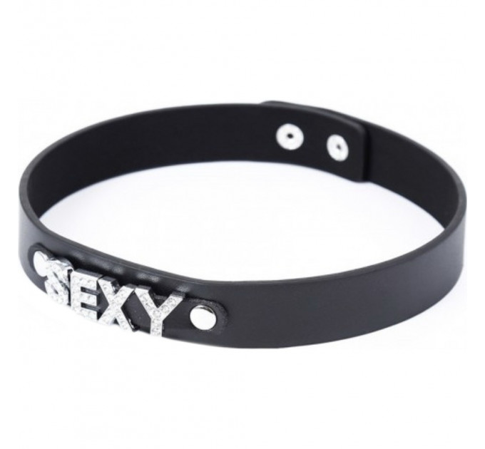 Ошейник с надписью SEXY из страз DS Fetish, кожзам, черный