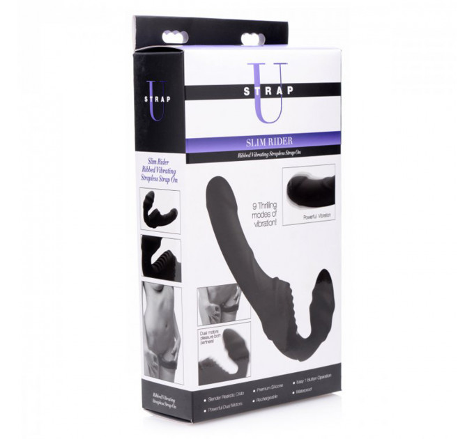 Жіночий вібрострапон Slim Rider Ribbed Ribbed Vibrating Silicone Strapless Strap On, чорний