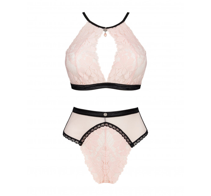 Комплект нежно-розовый Obsessive Lilines с черной отделкой, L/XL