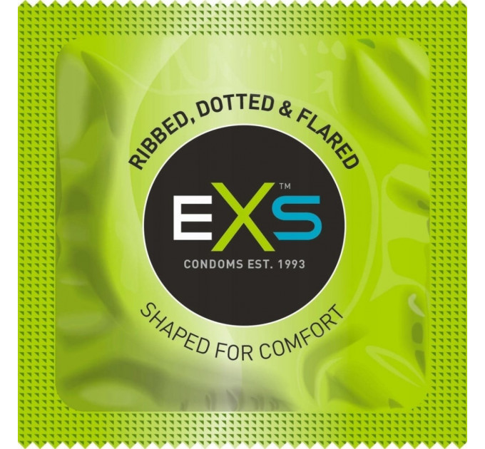 Презервативы EXS Ribbed, Dotted ребристые с пузырьками, зеленые; 53 мм (цена за 5 шт.)